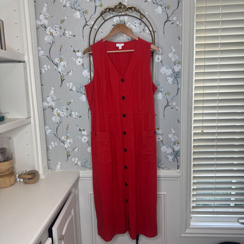 J. Jill Red Linen Blend Button Front Midi Dress Sleeveless V-Neck Pockets L